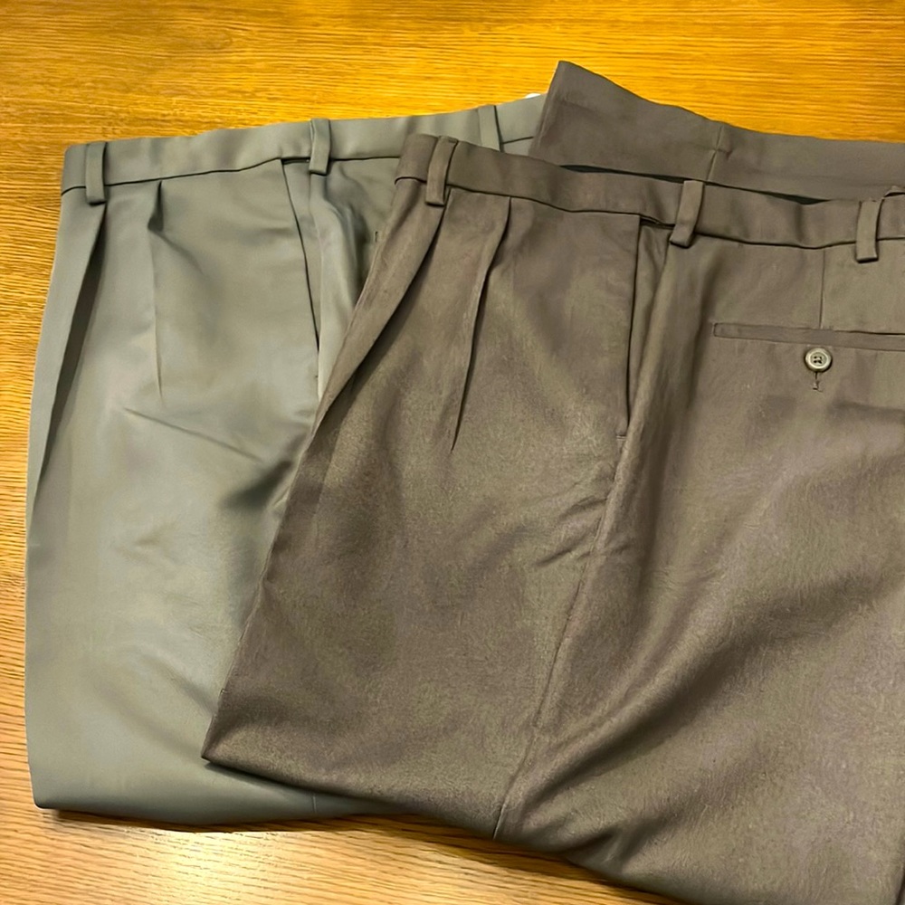 Haggar Men’s Pleated Dress Pants Bundle of Two Pairs Stretch Waist